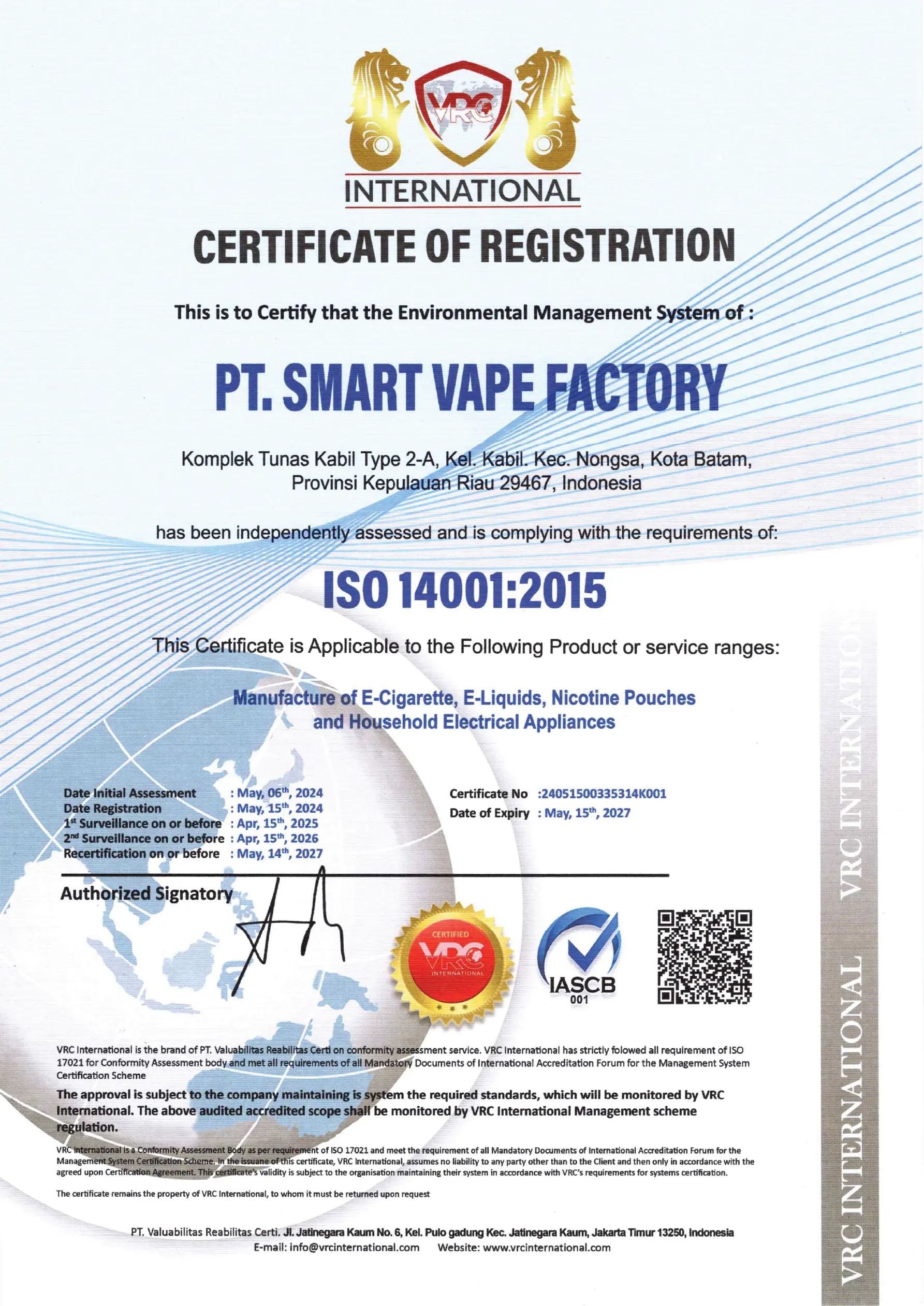 Certificate for ISO 14001:2015 Environmental Management System