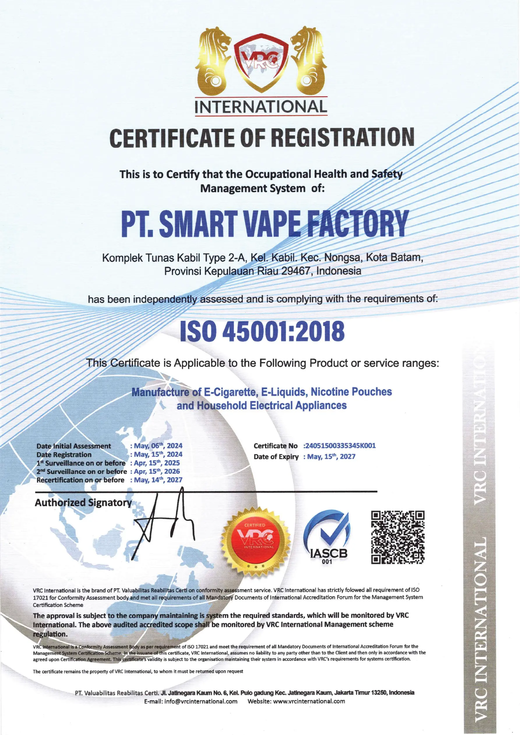 Certificate for ISO 45001:2018 Occupational Health and Safety