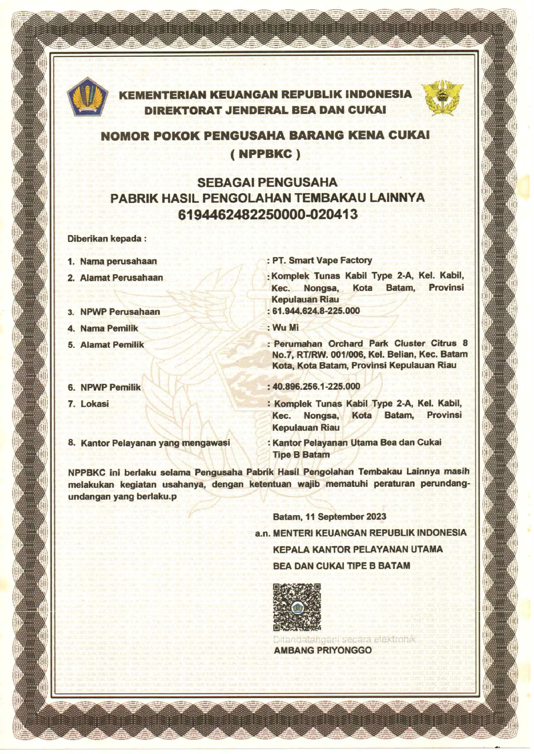 Official NPPBKC registration document for excise compliance